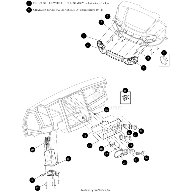 Exploded diagram of vehicle dashboard and front end, showing numbered parts like the Grille Front W/Lights-Std Hauler-Assembly by Arctic Cat, dashboard components, OEM electrical parts, and wiring with assembly placement lines.