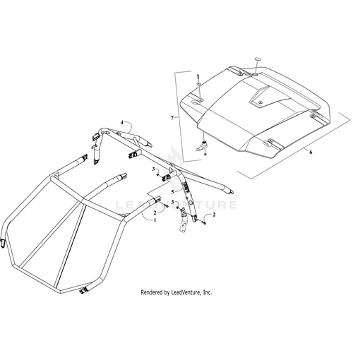 Line drawing of a vehicle roof assembly with tubular frame, brackets, detachable panel, and labeled hardware—ideal for installing the Roof Hardware Kit by Arctic Cat or other compatible Arctic Cat UTV accessories.