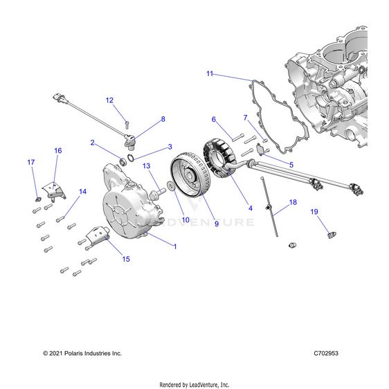 An Image of a Genuine Polaris Parts Schematic Diagram showing the schematic - ENGINE: STATOR AND FLYWHEEL - 2023 POLARIS RZR TURBO R 4 PREMIUM RIDE COMMAND