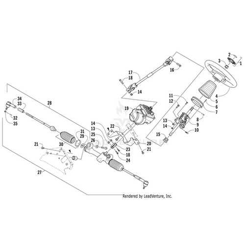 Exploded diagram of a vehicle steering system, showing labeled components like the steering wheel, column, joints, boots, and the Mounting Bracket by Arctic Cat with all related hardware displayed separately for clarity.