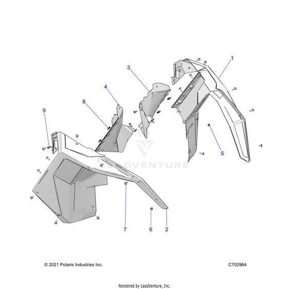 An Image of a Genuine Polaris Parts Schematic Diagram showing the schematic - BODY: FRONT FENDER - 2022 POLARIS RZR TURBO R ULTIMATE