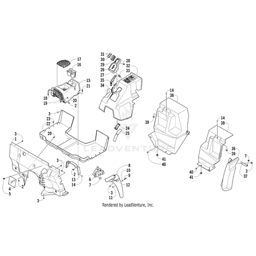 Exploded diagram of a vehicle HVAC system showing numbered parts—ideal for assembly or identification when ordering OEM Arctic Cat Front Fender Decal - Right from Witchdoctors.com.