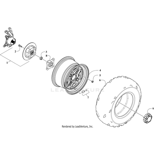 Exploded technical diagram of a vehicle wheel assembly featuring hub, disc, bolts, Tire Ktw 27X11X14 Rear by Arctic Cat, wheel rim, and related parts—all numbered for easy OEM Arctic Cat part identification.