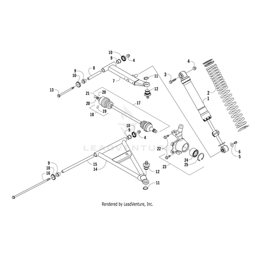 Exploded diagram of a vehicle’s front suspension, showing parts like control arms, shock absorber, coil spring, hub, and fasteners such as the Cap Screw M10X1.25X150 Cl 10.9 Z&Y by Arctic Cat. Each OEM part is numbered for reference.