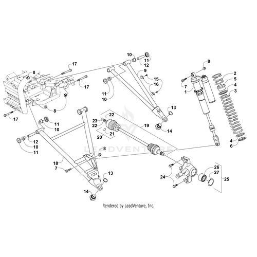 Technical diagram showing a labeled front left shock (dealer serviced only) for Arctic Cat ATVs—part numbers aid identification. Find OEM Arctic Cat parts like this at Witchdoctors.com.