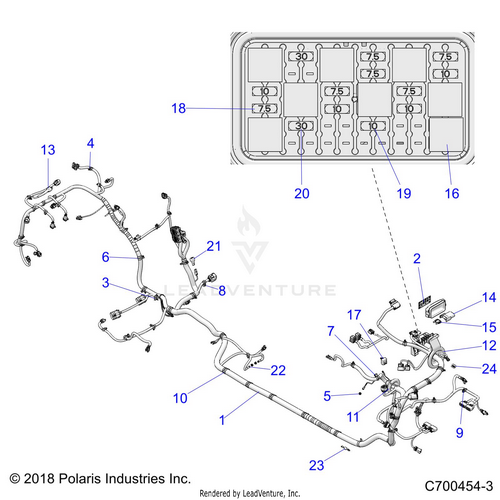 An Image of a Genuine Polaris Parts Schematic Diagram showing the schematic - ELECTRICAL: WIRE HARNESS - 2019 POLARIS RZR XP 4 TURBO S VELOCITY