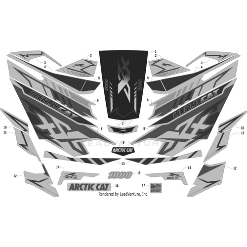 Black, gray, and white Pillar Decal - Front - Left by Arctic Cat, featuring bold Wildcat and Arctic Cat logos, angular patterns, piece numbering, stylized accents, and available from Witchdoctors.com.