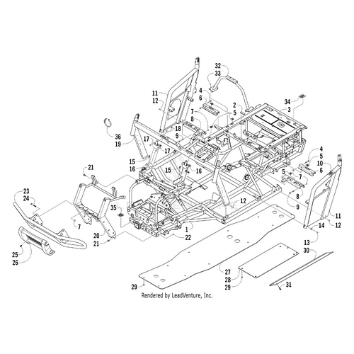 Exploded diagram of a vehicle chassis with numbered parts, including the frame, seats, steering assembly, and the Skid Plate - Center by Arctic Cat—all separated and clearly labeled for easy identification.