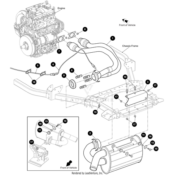 Technical diagram illustrating the assembly of an Arctic Cat Wildcat exhaust system, featuring OEM parts such as engine, exhaust pipes, muffler, chassis frame, and the Bracket Exhaust Black by Arctic Cat with numbered callouts.