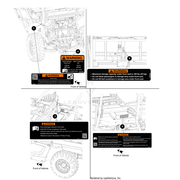 View the Arctic Cat Warning Label Rear Seat for clear safety info on weight limits and seat positions, with detailed placement diagrams. Find genuine Arctic Cat OEM parts at Witchdoctors.com.
