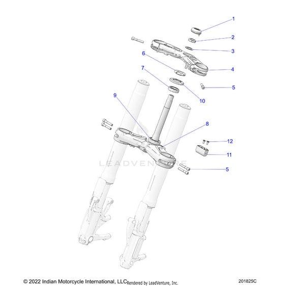 Exploded diagram of a motorcycle front fork assembly with labeled parts, including fork tubes, triple clamps, bolts, washers, and the Polaris factory-direct Clamp Triple Upper Black/Mach for Indian Motorcycle.