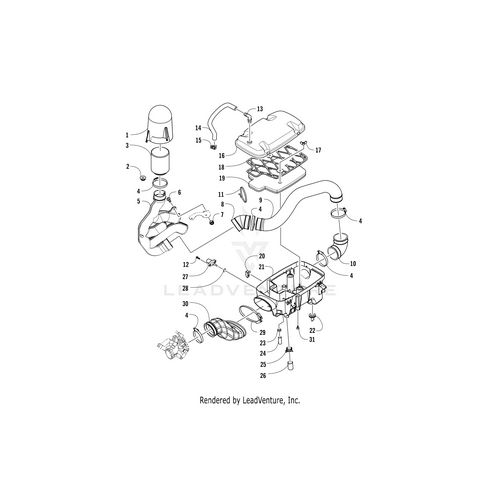 Exploded diagram of an automotive intake system with labeled parts—air filter housing, intake manifold, hoses, connectors—using reference numbers for easy Arctic Cat OEM identification such as the Intake Boot by Arctic Cat.