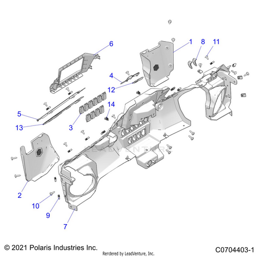 An Image of a Genuine Polaris Parts Schematic Diagram showing the schematic - BODY: DASH LOWER - 2021 POLARIS RZR PRO XP 4 SPORT