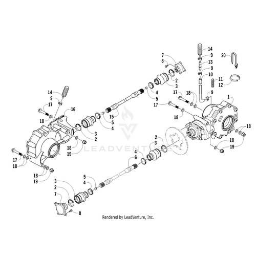 Exploded diagram of a mechanical assembly with labeled parts—gears, shafts, bolts—ideal for referencing or identifying OEM Arctic Cat components like the Complete Front Drive Gearcase Assembly by Arctic Cat.