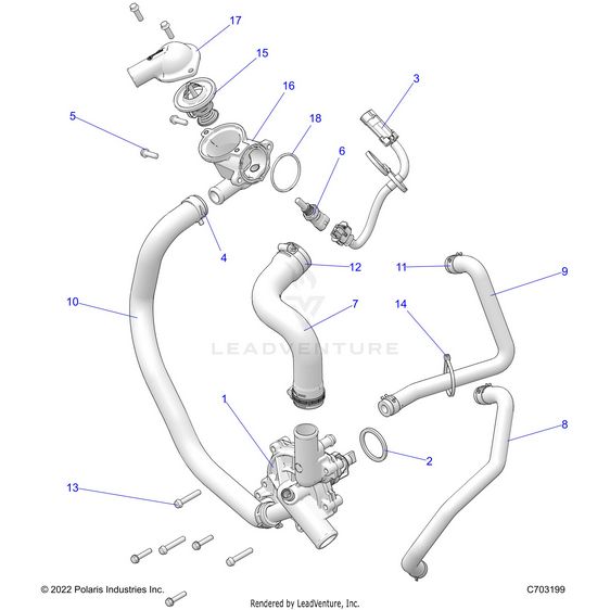 An Image of a Genuine Polaris Parts Schematic Diagram showing the schematic - ENGINE: WATERPUMP AND BYPASS - 2023 POLARIS RZR XP 1000 SPORT