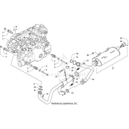 Exploded technical diagram of the Engine A950W H2 Assembly (Wcx/4X) (Inc. 2-3) by Arctic Cat, showing labeled parts like engine block, exhaust pipes, muffler, and hardware—ideal for locating OEM Arctic Cat components during assembly.