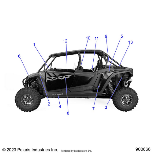 An Image of a Genuine Polaris Parts Schematic Diagram showing the schematic - BODY: DECALS - 2024 POLARIS RZR XP 4 1000 PREMIUM
