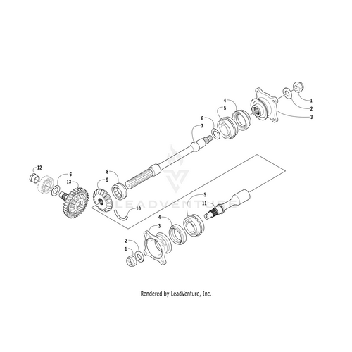Exploded diagram of a mechanical assembly with gears, shafts, nuts, bolts, and bearings—including the Driven Shaft Bearing (Rb 0832-107) by Arctic Cat—each part numbered for reference and arranged in a linear sequence.