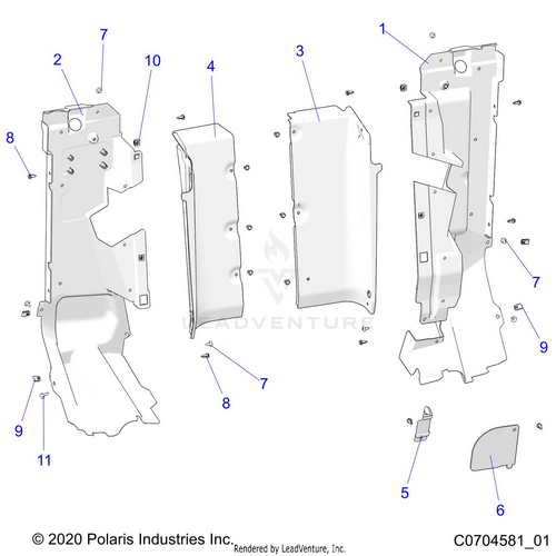 An Image of a Genuine Polaris Parts Schematic Diagram showing the schematic - BODY: REAR CLOSEOFF SIDE PANELS - 2022 POLARIS RZR PRO R ULTIMATE