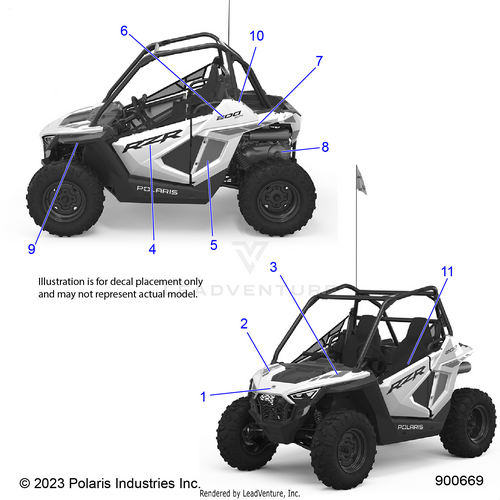 An Image of a Genuine Polaris Parts Schematic Diagram showing the schematic - BODY: DECALS - 2023 POLARIS RZR 200 EVAP