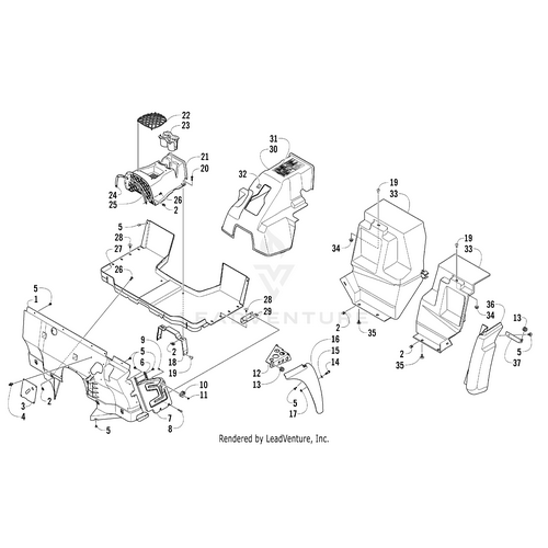 Exploded diagram showing the Front Fender - Right Green by Arctic Cat, with numbered labels and lines illustrating how it fits among other dashboard components for easy assembly.