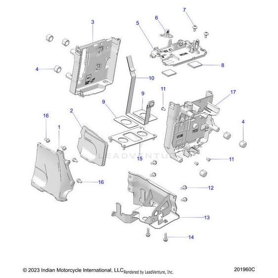 Exploded diagram of Weld Bracket Under Swingarm by Polaris, showing numbered plates, brackets, bolts, and screws. Includes Indian Motorcycle OEM details for assembly. Each part is separated and clearly labeled for reference.