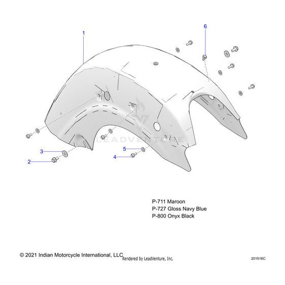 Technical diagram of the Weld Fender Rear Aljade by Polaris for Indian Motorcycle, showing numbered parts and fasteners. Available colors: maroon (P-711), gloss navy blue (P-727), onyx black (P-800). Polaris OEM Parts copyright.