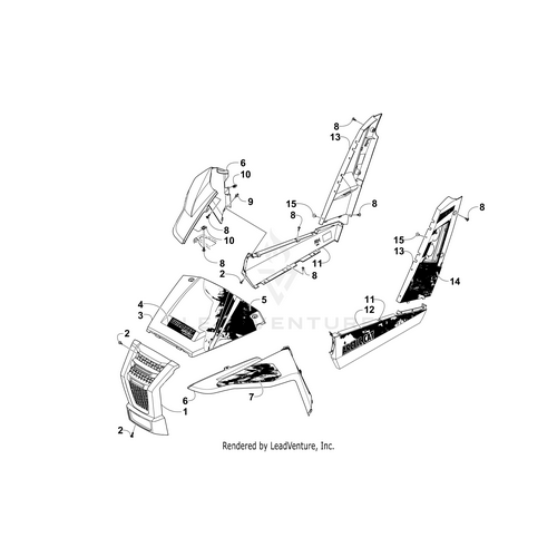 Exploded diagram of vehicle body panels and parts, including labeled components like side panels, front grill, connectors, and the Crest Decal (Mb) by Arctic Cat for easy identification and assembly reference.