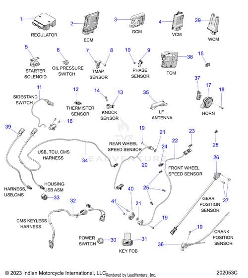 Labeled diagram of Bracket Mount Horn by Polaris, showing numbered parts like sensors, switches, modules, wiring harnesses, and key fob—each identified with genuine Polaris OEM Parts.