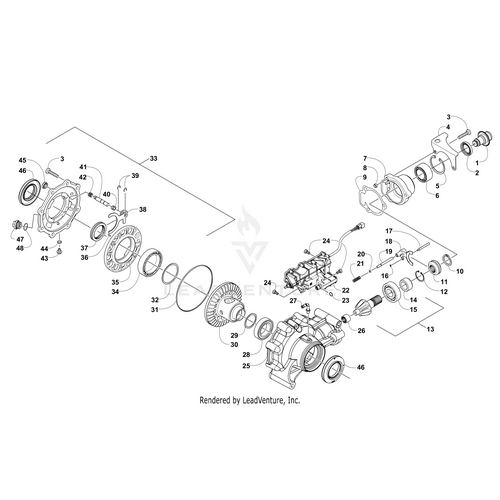 Exploded diagram of a mechanical assembly featuring gears, shafts, bolts, housings, and the Gearcase Cover (Inc. 34-45 And One No. 46) by Arctic Cat—numbered OEM parts shown in sequential order for reference.