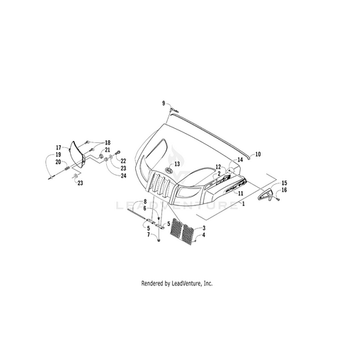 Exploded diagram of a vehicle’s front section showing parts like the hood, grille, latch, and headlight—featuring the Hood Decal - 500 Ef - Right by Arctic Cat and other labeled OEM parts for easy identification.