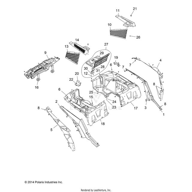 An Image of a Genuine Polaris Parts Schematic Diagram showing the schematic - BODY: REAR RACK AND FENDERS - 2016 POLARIS RZR XP 4 1000