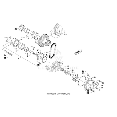 Exploded diagram of an engine timing system with labeled gears, camshaft, timing chain, and water pump. Highlights OEM Arctic Cat parts, including the Bolt Socket 6*25 (Rb 3307-113) by Arctic Cat from Witchdoctors.com.