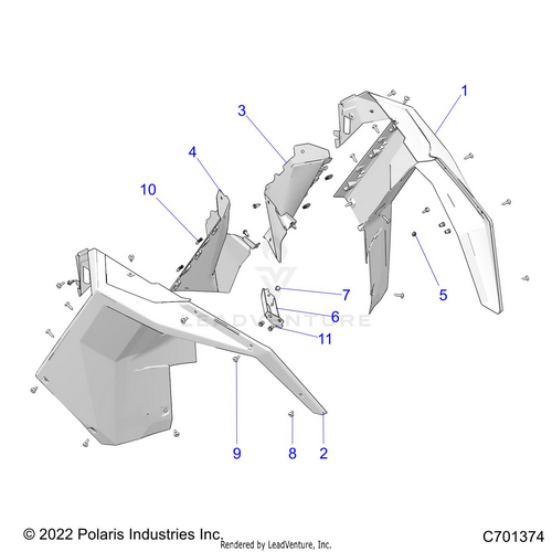 An Image of a Genuine Polaris Parts Schematic Diagram showing the schematic - BODY: FRONT FENDER - 2022 POLARIS RZR PRO XP 4 ULTIMATE ROCKFORD LE