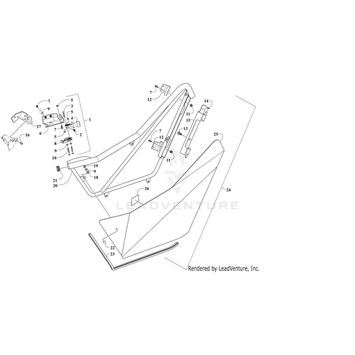 Exploded line drawing of a motorcycle frame with numbered parts, such as the main frame, panel, and smaller components like the Arctic Cat Door Striker - Left. Assembly references shown, with a LeadVenture watermark in the center.