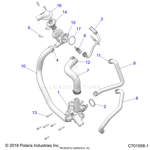 An Image of a Genuine Polaris Parts Schematic Diagram showing the schematic - ENGINE: WATERPUMP AND BYPASS - 2020 POLARIS RZR TURBO S 4