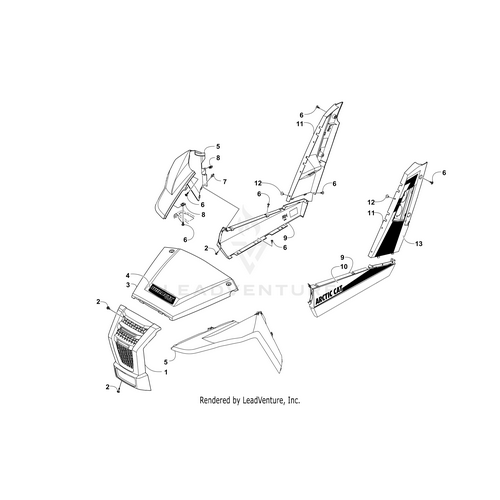 Exploded diagram of ATV body parts, featuring the Arctic Cat Front Fender-Right Red and other OEM parts, with numbered labels for easy identification and assembly.