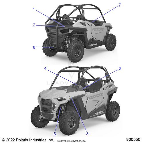 An Image of a Genuine Polaris Parts Schematic Diagram showing the schematic - BODY: DECALS WARNING - 2023 POLARIS RZR 900 TRAIL