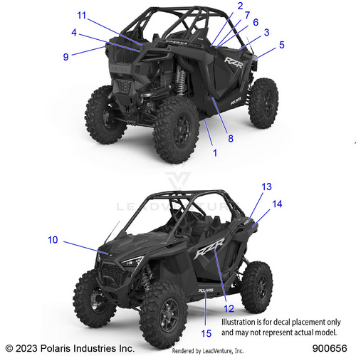 An Image of a Genuine Polaris Parts Schematic Diagram showing the schematic - BODY: DECALS - 2023 POLARIS RZR PRO XP ULTIMATE