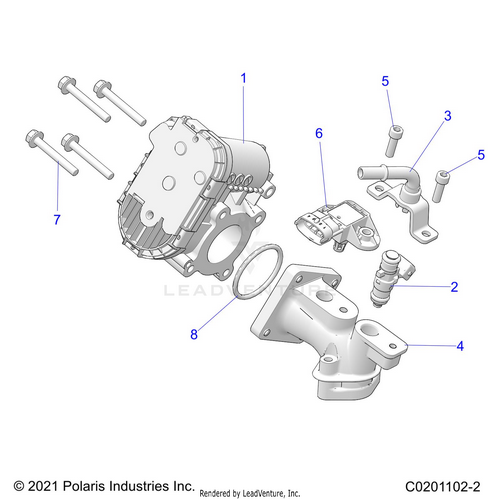 An Image of a Genuine Polaris Parts Schematic Diagram showing the schematic - ENGINE: THROTTLE BODY and FUEL RAIL - 2022 POLARIS RZR 200