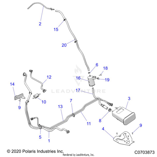 An Image of a Genuine Polaris Parts Schematic Diagram showing the schematic - FUEL: SYSTEM FUEL LINES EVAP - 2022 POLARIS RZR PRO R ULTIMATE