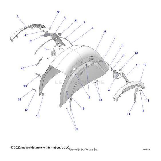Exploded technical diagram of the Closeout Fender Lower RH Ssrdmet [Sunset Red Metallic] by Polaris, with numbered parts and labeled screws, brackets, and supports, showing the fender and mounting components separated.