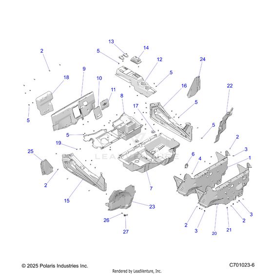 An Image of a Genuine Polaris Parts Schematic Diagram showing the schematic - BODY: FLOOR AND ROCKER PANELS - 2026 POLARIS RZR TRAIL S 1000 ULTIMATE