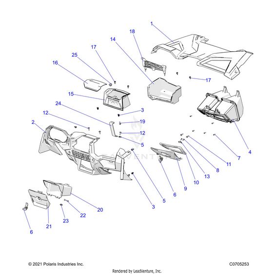 An Image of a Genuine Polaris Parts Schematic Diagram showing the schematic - BODY: DASH AND GLOVEBOX - 2022 POLARIS RZR TRAIL S 1000 ULTIMATE