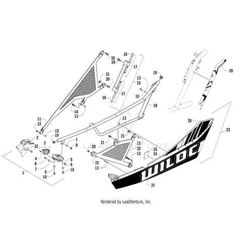 Exploded diagram of the Door W/Warning-Decal-Left (Inc. 25) by Arctic Cat, displaying labeled parts like a large panel, fasteners, mesh inserts, and frame components—ideal for identifying OEM Arctic Cat replacement parts.