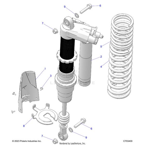 An Image of a Genuine Polaris Parts Schematic Diagram showing the schematic - SUSPENSION: REAR SHOCK MOUNTING - 2024 POLARIS RZR PRO R 4 ULTIMATE