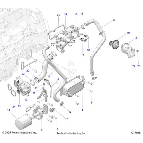 An Image of a Genuine Polaris Parts Schematic Diagram showing the schematic - ENGINE: OIL FILTER OIL COOLER AND THERMASTAT - 2026 POLARIS RZR PRO R RACE H.O.