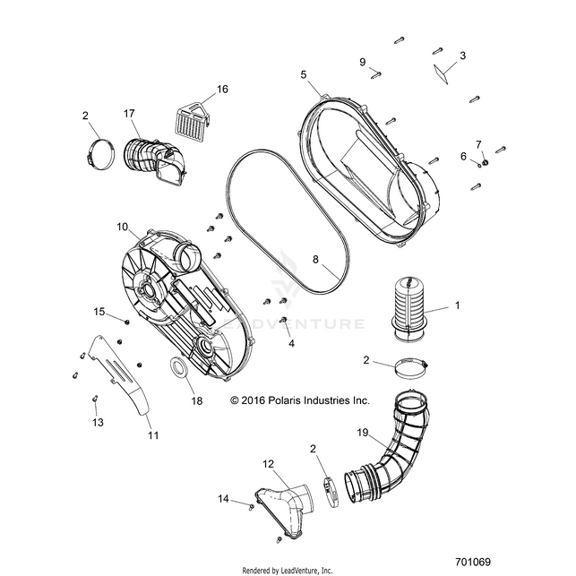 An Image of a Genuine Polaris Parts Schematic Diagram showing the schematic - DRIVE TRAIN: CLUTCH COVER AND DUCTING - 2019 POLARIS RZR S 900