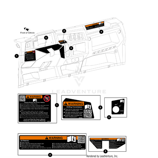 Diagram of a vehicle dashboard layout highlighting locations of warning labels, such as shifting, capacity, and safety instructions, featuring orange and black warnings like those on the Arctic Cat Key Switch Position Decal.