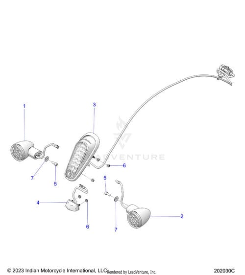 Exploded diagram of a motorcycle rear lighting assembly with the Lamp License Plate 85mm by Polaris. Individual numbered OEM parts include two signal lights, main rear light, mounting brackets, and wiring harnesses.